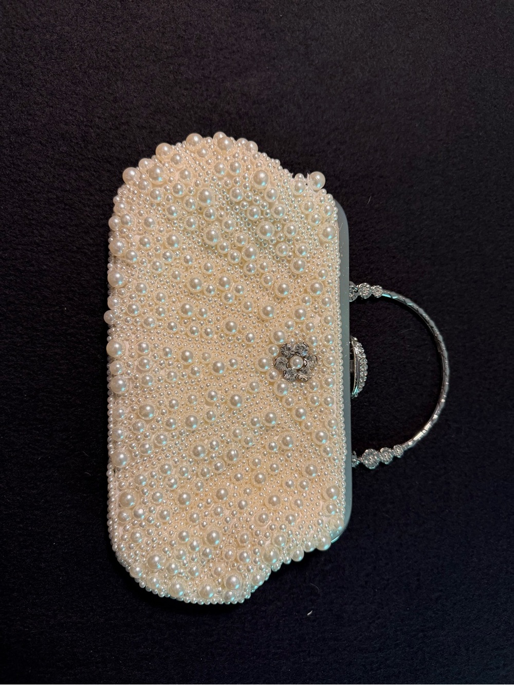 Pearl-Embellished Cream Clutch with Rhinestone Handle